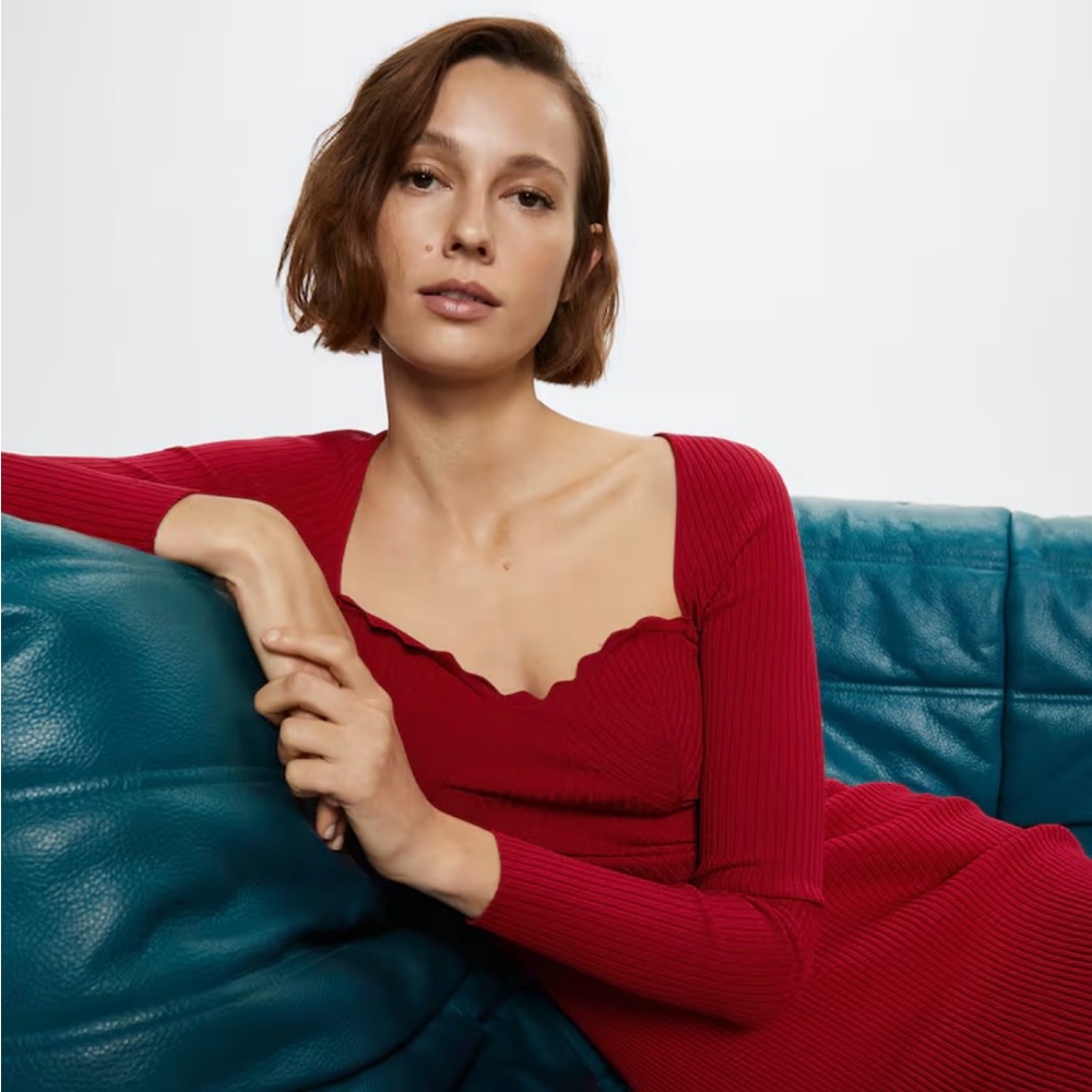 Mango Red Knit Midi Sweetheart Neckline XS
